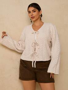 SHEIN VCAY Plus Size Women Solid Color Long Sleeve Front Tie Hollow Out Casual Knit Cardigan/Winter - Beige - View 4