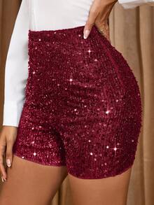 Amorya Pantalones cortos elegantes de mujer con bordado de lentejuelas en la cintura alta, adecuados para fiestas, citas y eventos de noche en primavera, verano, otoño e invierno - Burdeos - Ver 6