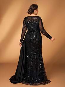 Serin Đầm dạ hội cỡ lớn sang trọng, thanh lịch màu đen, chất liệu satin thêu sequin, cổ tròn, tay dài, dáng đuôi cá bất đối xứng, phù hợp cho tiệc tối, tiệc độc thân, hẹn hò, dạ hội, kỳ nghỉ, đám cưới, mẹ cô dâu, khách mời, ngày Valentine. - màu đen - Xem 3
