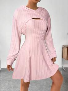 SHEIN EZwear 女士休闲纯色连帽上衣和连衣裙两件套，秋季 - 粉色 - 查看 5