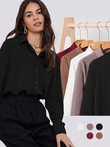 BizChic 女士纯色翻领长袖垂褶衬衫，现代优雅都市通勤日常浪漫90年代复古风，适合圣诞节、新年、情人节、派对、海滩、毕业典礼、时尚、节日、假日、婚礼宾客、早午餐、机场等多种场合。 - 黑色 - 查看 6