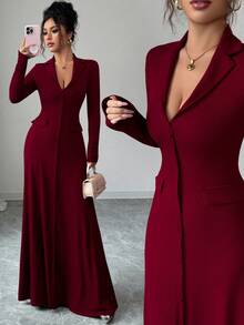 SHEIN Elenzya 女士标准尺码纯色罗纹修身优雅针织连衣裙，秋冬款 - 酒紅色 - 查看 8