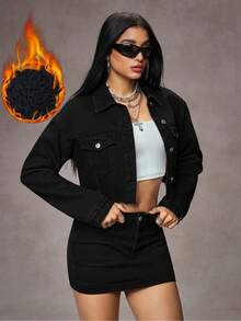 SHEIN ICON Washed Distressed Short Drop Shoulder Long Sleeve Button Front Denim Jacket - Black - View 6