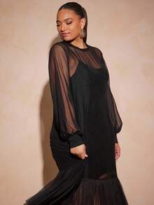 Vixey Tulle Ruffle Hem Sheer Mesh Balloon Sleeve Tunic Top, Unlined, Cami Sold Separately - Black - View 6