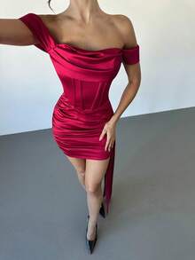 Firerie Women's Elegant Satin Off Shoulder Ruched Mini Dress,Burgundy Summer 70s Night Out Party,Vintage Pleated Draped Wedding Guest Dress,Y2K Outfit - Burgundy - View 8