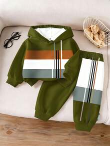 2 Stücke/Set Baby Jungen/Unisex Kleinkind 0-3J Lässig, modischer Farbblock gestreifter Sport Muster Kapuzenpullover, geeignet für Herbst/Winter Alltag, Outdoor, Alles-passend Outfit, Sportbekleidung