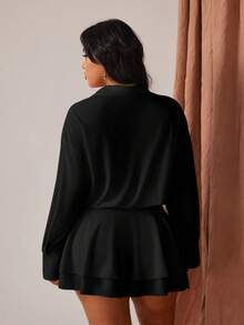 Rustia Vestido de manga larga con cuello francés, elegante, con media cremallera, ajustado y con dobladillo fruncido, para tallas grandes. Diseño favorecedor para citas y reuniones, otoño/invierno - Negro - Ver 2