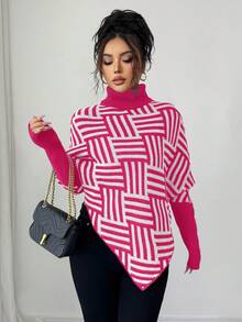 Elenzga Women's Elegant High Neck Geometric Textured Poncho Sweater, Colorblock, Suitable For Home & Travel, Spring/Autumn - Pink - View 3