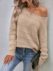 EMERY ROSE Áo len dài tay khoét vai cổ thuyền màu trơn cho nữ, thu/đông - Màu be - Xem 8