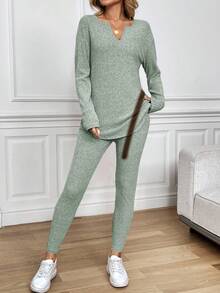 SHEIN Tall CURVE 两件套加大码女式保暖罗纹长袖T恤和打底裤，秋冬季 - 綠色 - 查看 5