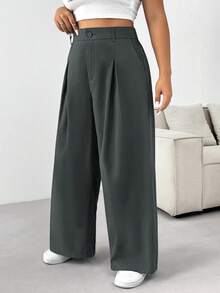 SHEIN PETITE CURVE Quần ống rộng cài nút màu trơn cỡ lớn cho mùa thu/đông - Màu xám đen - Xem 3