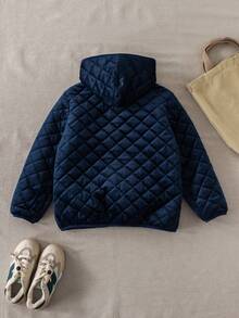 PrepCrw 1 件青少年男孩优雅学院风休闲都市海军蓝天鹅绒菱形格子连帽长袖棉衣，适合外出、聚会、返校、冬季