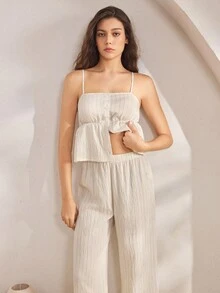 Ocili 休闲舒适天然亚麻柔软条纹吊带背心和裤子睡衣套装，别致的秋季 - 米色 - 查看 6