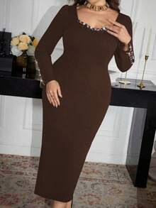 Modelyn Elegant Vintage Colorful Luxurious Rhinestone Chain Decor Long Sleeve Slim Fit Luxury Fashion Dress For Women - Coffee Brown - View 4