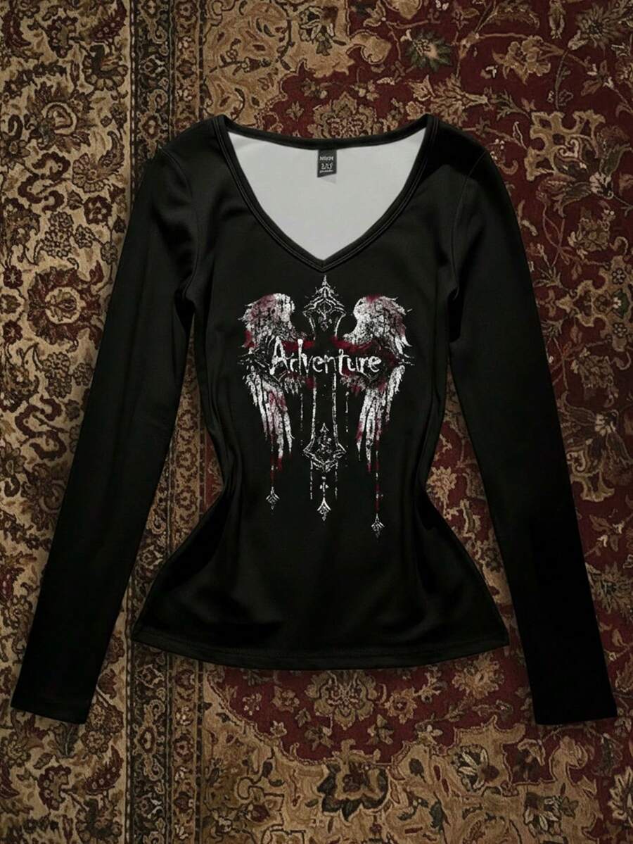 Attitoon 黑灰条纹 V 领长袖 T 恤。哥特十字图案、朋克、Y2K 风格、街头潮流、复古风、返校季、怀旧风、秋季女装、度假风、女士休闲装、秋冬、嘻哈风、Style Core 美学、哥特风、辣妹风 - 白色 - 查看 1