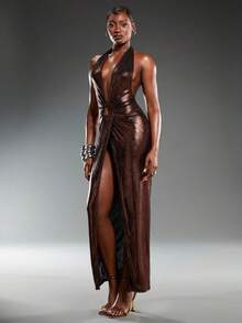 Normani 冬季女装，性感棕色金属针织深V领露背超长派对连衣裙，前部镂空设计，大腿高开衩。适合约会、演唱会、演出、派对、俱乐部、晚会、正式场合。 - 金色 - 查看 2