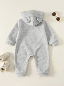 Cute Bear Design Fleece Hooded Jumpsuit, Comfortable Versatile Casual Stylish Daily Wear, Suitable For Indoor, Outdoor, Skiing, Sports, Party, Photography, Festival, Christmas, New Year, Autumn/Winter - Grey - View 2