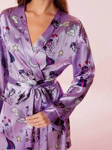 My Little Pony X SHEIN Women Cute Cute Pony Print Drop Shoulder Robe Purple Sleep Silk Robe Purple Robe, For Fall & Winter