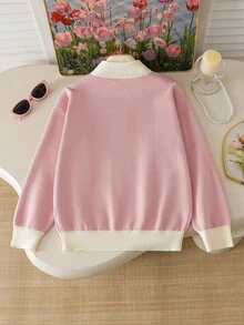 Genkimix Kids Tween Girl Casual Loose Long Sleeved Half Zip Sweater, Fashionable Winter - Pink - View 2