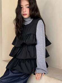 DAZY 少女无袖圆领外套，秋季款 - 黑色 - 查看 7