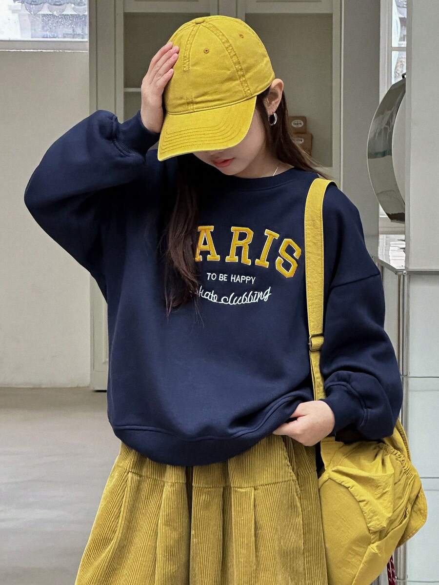 DAZY Tween Girls Crew Neck Knit Fleece Sweatshirt With Embroidered Letter - Navy Blue - View 1
