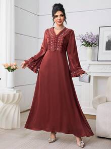 SHEIN Najma V领褶皱荷叶边长袖连衣裙，土耳其和阿拉伯传统风格 - 鏽棕色 - 查看 4