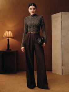 Elegant Flocked Lace Turtleneck Undershirt For Women, High-Quality Autumn/Winter Layering Top - Coffee Brown - View 4