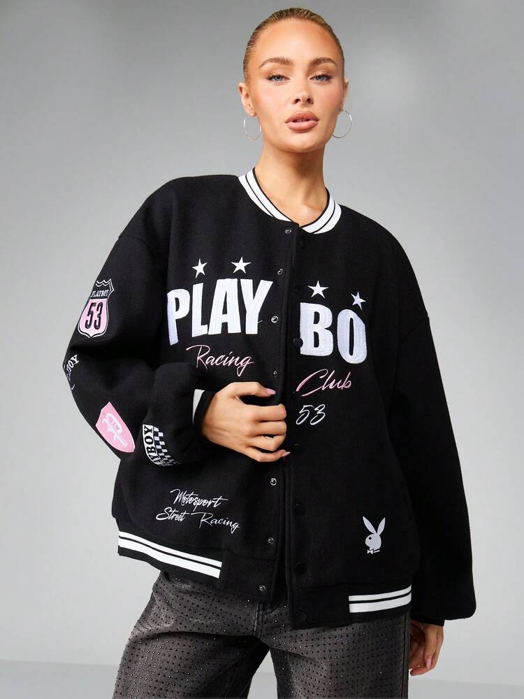 Missguided x Playboy Veste bomber oversize de style universitaire avec graphiques, patches et bordures côtelées pour l'hiver