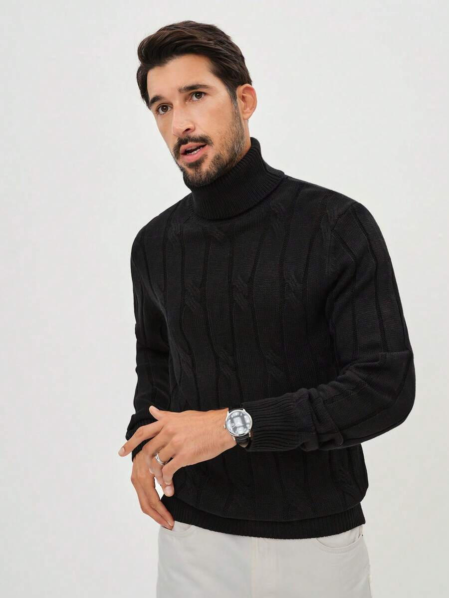 Manfinity CityGents Áo len nam dài tay, cổ cao, tay dài, màu trơn, kiểu dệt cáp, thích hợp cho mùa thu đông. - màu đen - Xem 1