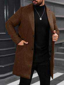 Manfinity Mode Men's Plus Size Coffee Brown Solid Color Lapel Single-Breasted Casual Overcoat,Autumn Elegant Formal Long Outerwear For Fall Winter Gray Formal Coat - Brown - View 7