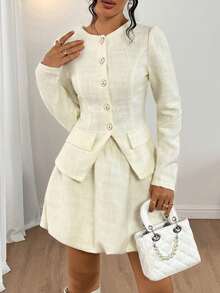 Gloray 女士泡泡袖单排扣外套和中长裙优雅两件套 - 米色 - 查看 7