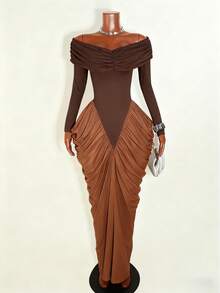 Franclia Váy nữ thanh lịch eo nhún tương phản đen trắng - Cà phê nâu - Xem 6