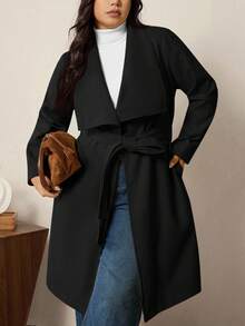 SHEIN LUNE 大码女式纯色翻领长袖开襟休闲羊毛混纺外套，秋冬款 - 黑色 - 查看 9