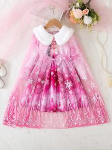 SHEIN Elladie kids Young Girl's Fashionable 2 Pieces Set: Long Sleeve Princess Dress + Mesh Cape Cloak, Suitable For Spring & Autumn - Pink - View 4