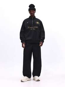 SUMWON Sudadera con media cremallera con panel de contraste, bordado de logotipo heráldico con texto dorado, para uso casual en otoño e invierno - Negro - Ver 2