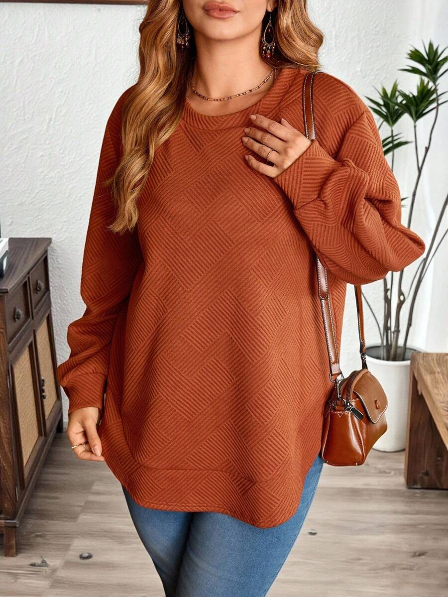 EMERY ROSE Plus Size Women Red Loose Fit Round Neck Drop Shoulder Long Sleeve Smart Casual Everyday Sweatshirt,Autumn Cozy Christmas Jumper Country Style - Rust Brown - View 1