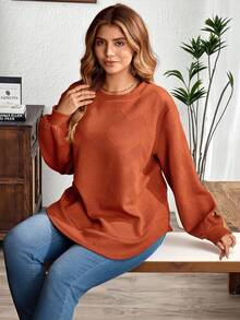 EMERY ROSE Plus Size Women Red Loose Fit Round Neck Drop Shoulder Long Sleeve Smart Casual Everyday Sweatshirt,Autumn Cozy Christmas Jumper Country Style - Rust Brown - View 4