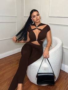 SHEIN SXY 女士性感简约纯色镂空金属装饰紧身连体裤 - 棕色 - 查看 3