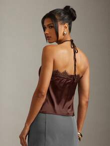 Hauture Sexy Summer Office Lace Datail Halter Cami Top - Brown - View 7