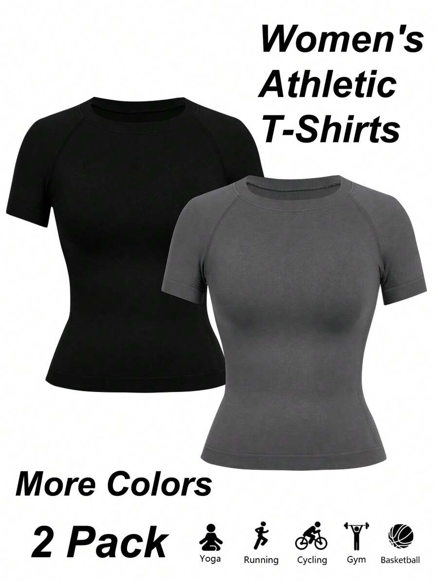 Easithlete 2 件装运动工作室夏季休闲纯色无缝短袖运动 T 恤 - 彩色 - 查看 1