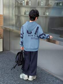 SHEIN 兒童青少年男孩海軍藍韓風寬鬆字母圖案連帽衛衣與彈性腰冬季長褲套裝，秋季街頭風校園返校穿搭 - 藏蓝色 - 查看 3