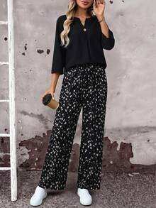 SHEIN LUNE Women's Solid V-Neck 3/4 Sleeve Shirt And All-Over Print Wide Leg Pants Casual 2 Pieces Set - Brown - View 6