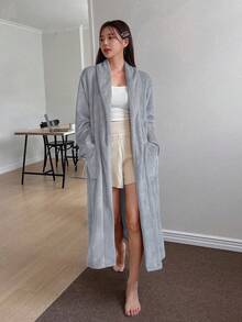 DAZY 女士纯色披肩领长袖口袋宽松休闲睡袍，秋冬款 - 灰色 - 查看 3
