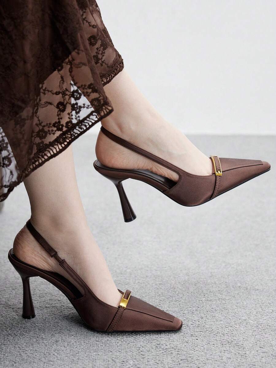 CUCCOO BIZCHIC Women Shoes Fashionable Brown Glossy Material Slingback Temperament Small Square Toe Stiletto Shoes Suitable For Commuting Dating Parties Holiday Parties And Other Occasions To Wear - Brown - View 1