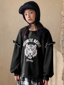 DAZY Tween Girls' Round Neck Printed Long Sleeve Knit Sweatshirt, Fall - Black - View 3