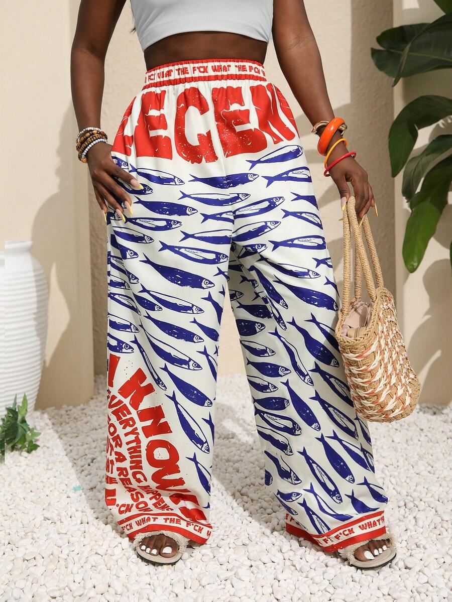 Plus Size Fish Logo Print Casual Holiday Pants For Cruise Fall Cloth For Women - Multicolor - View 1