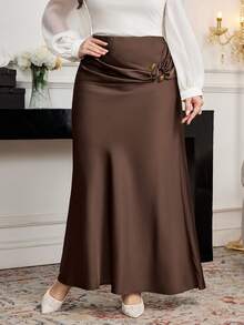 Modelyn 大码女式纯色休闲百搭A字裙 - 棕色 - 查看 5