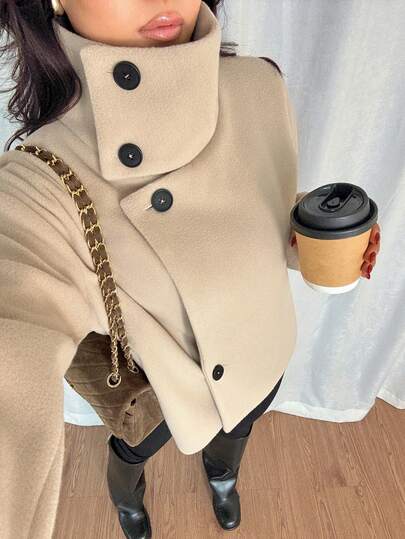 SHEIN Franclia 女士常规高领短款羊毛混纺外套，时尚休闲通勤外套，秋冬季纽扣开衫毛衣，女士秋季服装，女士冬季上衣，女士纽扣开衫