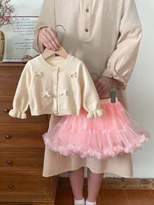 SHEIN 两件套女婴蝴蝶结装饰纽扣前开襟毛衣套装和渐变薄纱裙摆蓬蓬裙，适合家庭聚会、万圣节、新年、感恩节、圣诞节等场合。 - 紅色 - 查看 7