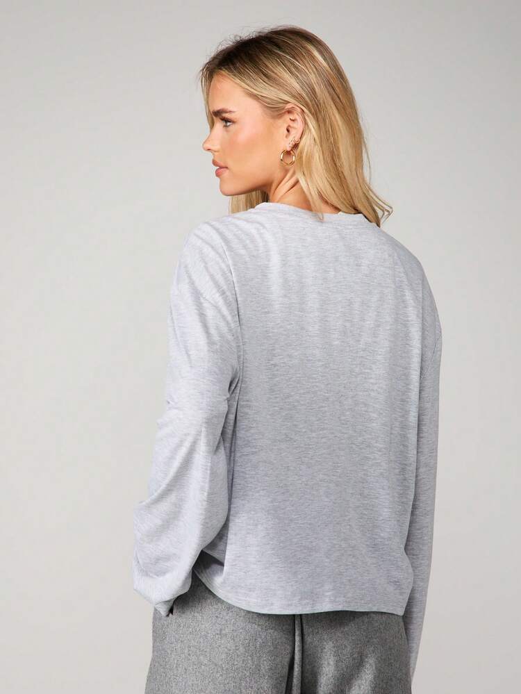 MISSGUIDED Button Through Long Sleeve Top With Crew Neck For Fall Winter Casual Everyday Wear
